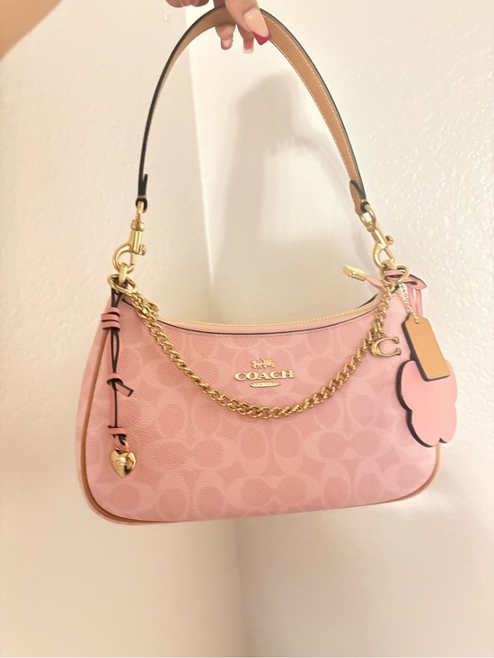 Coach Handbags - COACH Pink Signature Canvas Shoulder Bag with Gold Hardware